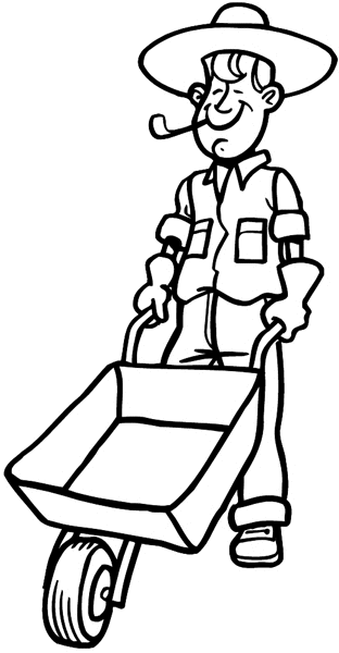 Man pushing wheelbarrow vinyl sticker. Customize on line. Gardening 045-0207